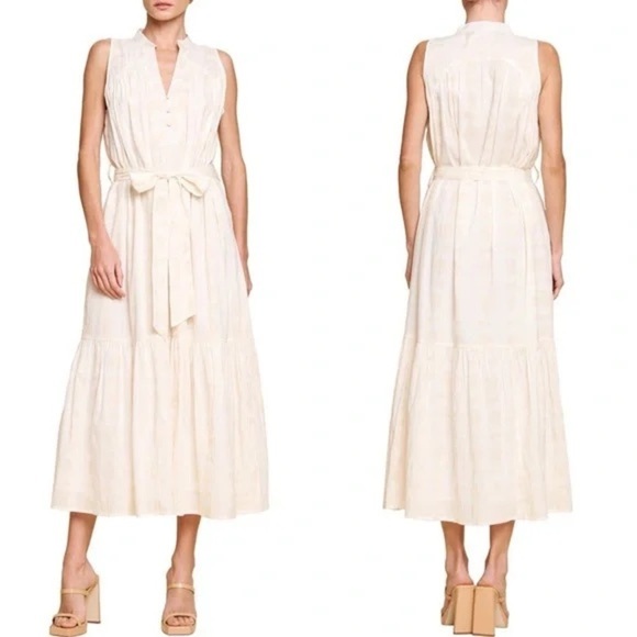 Mila Mae Dresses & Skirts - Mila Mae Sleeveless Tiered Midi Dress Size M Ivory V-Neck Button Details Belted